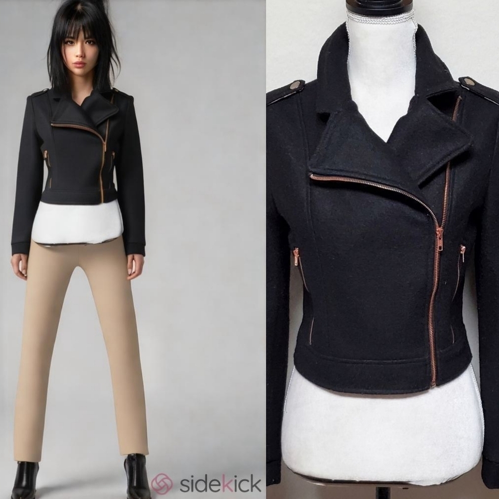 Minkpink Melody Black Wool Rose Gold Asymmetrical Zip Cropped Moto Jacket XS